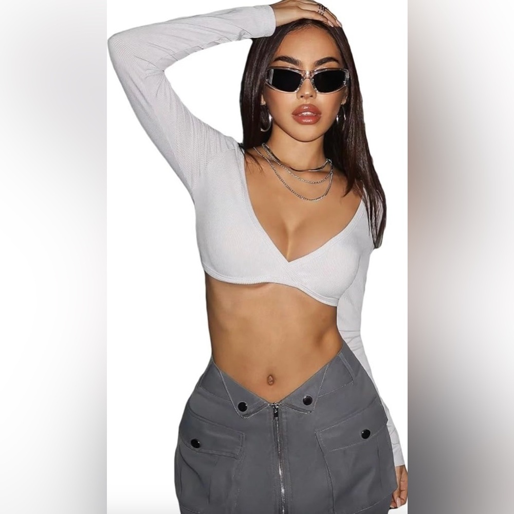 Women's Sexy Long Sleeve V Neck Y2K Crop Blouse Tops